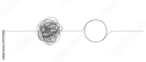 Chaotically tangled line and untied knot in form of circle. The concept of solving problems is easy. Doodle vector illustration photo