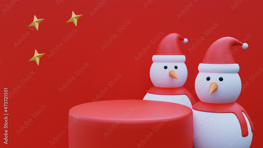 3d rendering of christmas theme podium with snowman and stars on red background 3d rendering of christmas theme podium with snowman and stars on red background