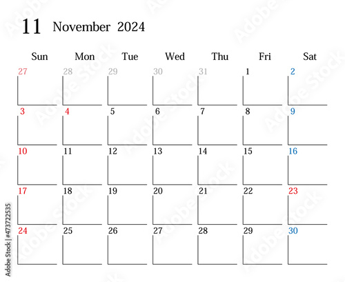 2024年11月、日本のカレンダー	