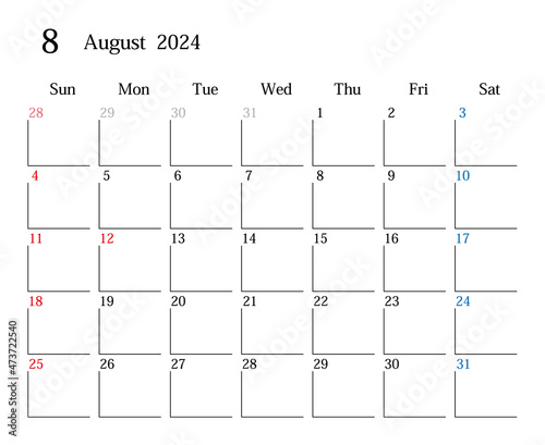 2024年8月、日本のカレンダー	