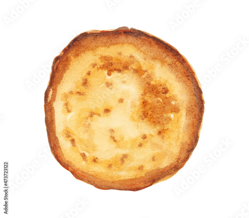 Pancake, flat cake, blinis, crepes. Traditional Maslenitsa or Shrovetide and Mardi Gras butter baked food. Homemade baking for holiday breakfast, coffee and tea time. Watercolor illustration.