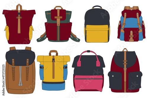 Set Of Vector Colorful Backpacks. Set Of Backpacks for schoolchildren, students, travellers and tourists. Back to School rucksack flat vector illustrations isolated on white.
