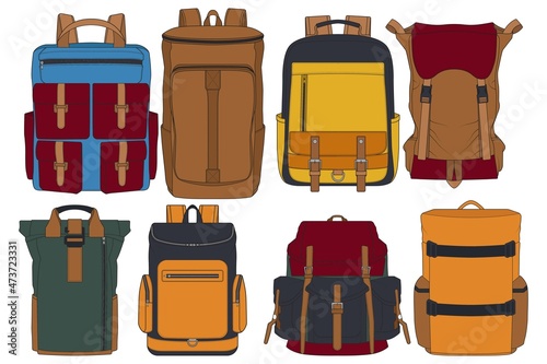 Set Of Vector Colorful Backpacks. Set Of Backpacks for schoolchildren, students, travellers and tourists. Back to School rucksack flat vector illustrations isolated on white.
