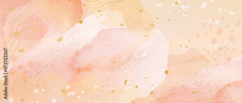 オレンジやピンクと金色の線が入った暖かい抽象的な水彩背景のベクターイラスト(秋)