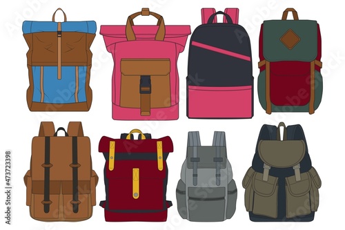 Set Of Vector Colorful Backpacks. Set Of Backpacks for schoolchildren, students, travellers and tourists. Back to School rucksack flat vector illustrations isolated on white.
