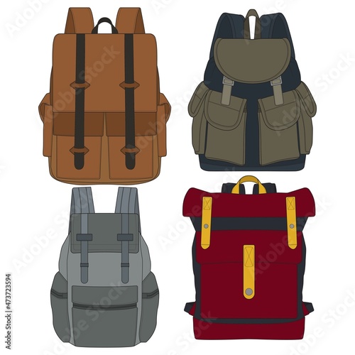 Set Of Vector Colorful Backpacks. Set Of Backpacks for schoolchildren, students, travellers and tourists. Back to School rucksack flat vector illustrations isolated on white.
