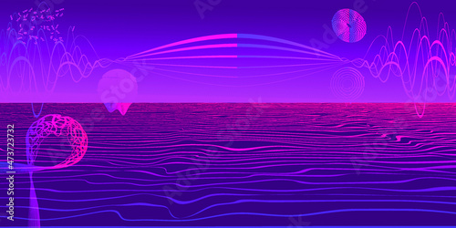 Retro futuristic background . Retro wave poster .Vector design composition with various geometric shapes . Abstract contemporary art . Digital cyber landscape . New modernism .
