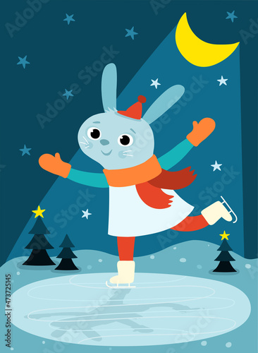 Season's Greetings postcard with ice skating rabbit on a winter moonlit background (ID: 473725145)