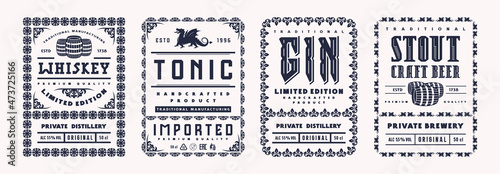 Set of template decorative label for whiskey, gin, tonic and beer