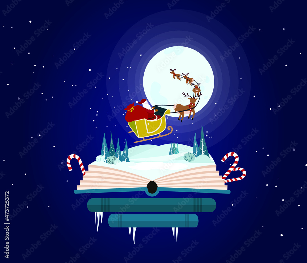 Naklejka premium Imagination concept - christmas fairy tail story come out of a book. Book shop christmas.Santa in golden sleight on the navy night sky with big moon.