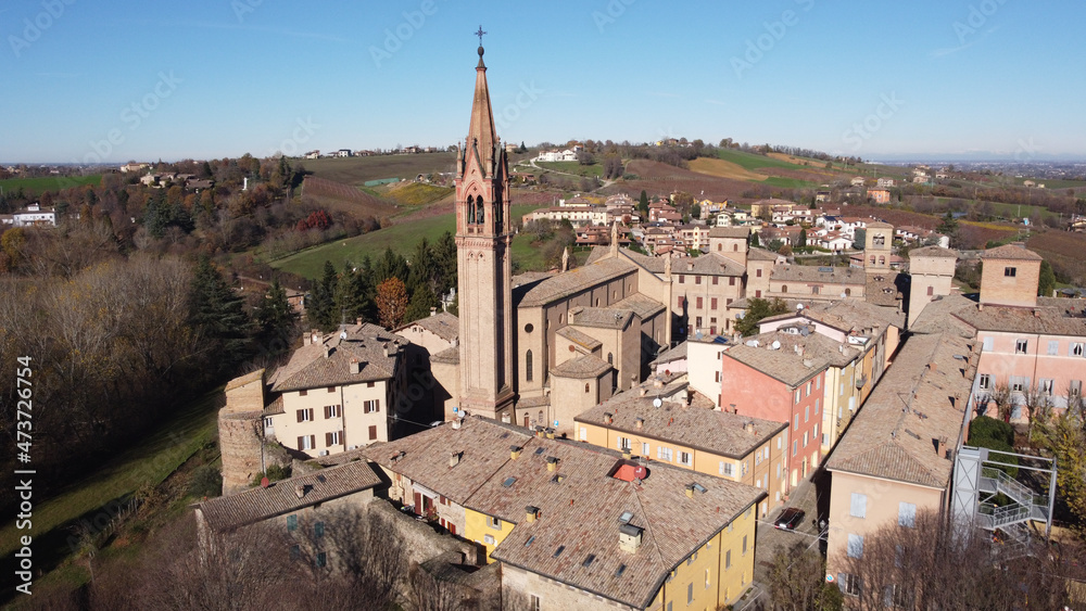 Panoramic aerial view of the medieval village of Castelvetro, Modena in Emilia Romagna. Italy