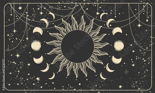 Mystical banner with a lunar eclipse on a black background. Sun with rays and phases of the moon, boho background for astrology, tarot. Heavenly vector illustration.
