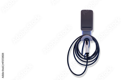 Fototapeta Naklejka Na Ścianę i Meble -  Modern and high technology of transportation electric vehicle charging (Ev) station with plug of power cable supply for Ev car or hybrid isolated on white background, copy space for text.