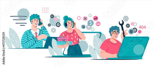Customer service personnel or telemarketing operators. Call center hotline support staff or telemarketers talking to clients, flat vector illustration isolated on white background.