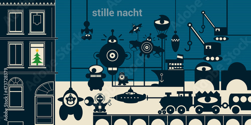 Stille Nacht - ein Großstadtszenario mit Industrie und Lärm zeigt auch eine kleine beleuchtete Wohnung mit Weihnachtsbaum - als ungewöhnliche Weihnachtskarte oder Schaufensterdekoration nutzbar