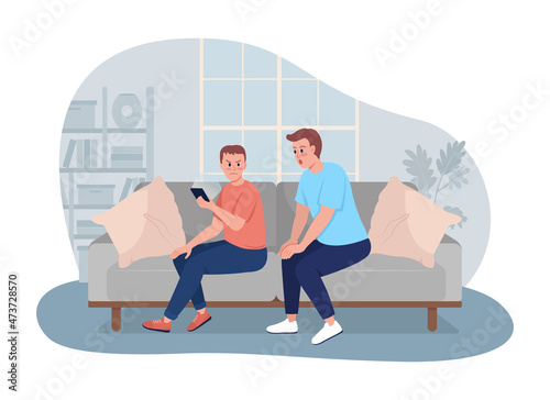 Violating child privacy 2D vector isolated illustration. Curious father and annoyed son with phone flat characters on cartoon background. Excessive parental involvement colourful scene