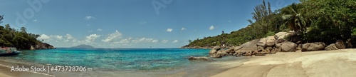 Anse Major beach in the Seychelles. Very large panorama. Tropical beach in the Indian Ocean.