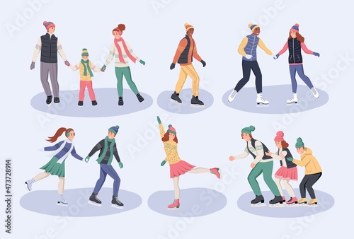 A set of characters. People go skating in winter. Winter fun and games. Flat vector illustration