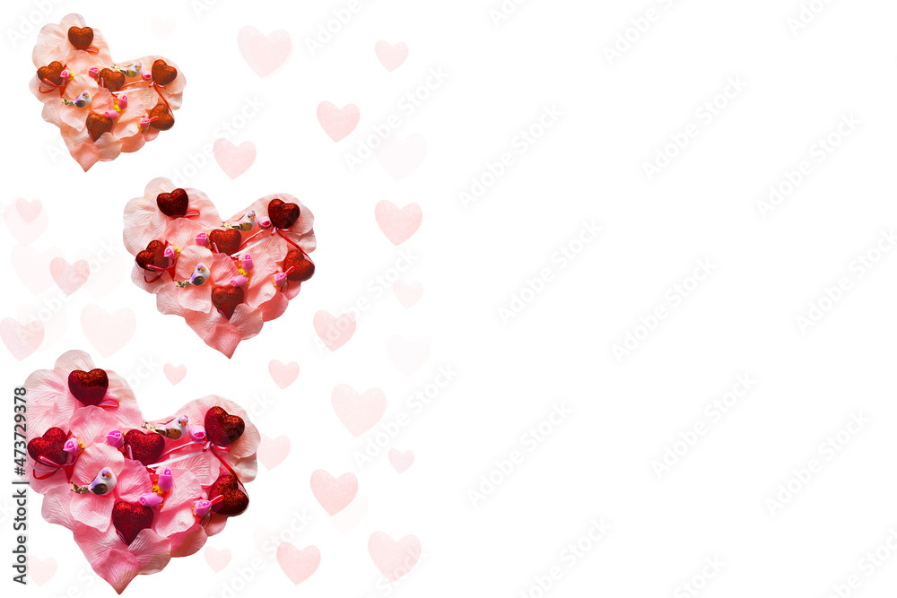 Three pink hearts with birds and flowers on a white background. Valentine's Day card. Three pink hearts with birds and flowers on a white background. Valentine's Day card.