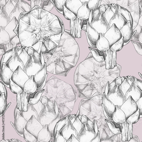 Wallpaper Mural Botanical illustration with artichokes. Hand drawing. Seamless pattern on pink background. Torontodigital.ca