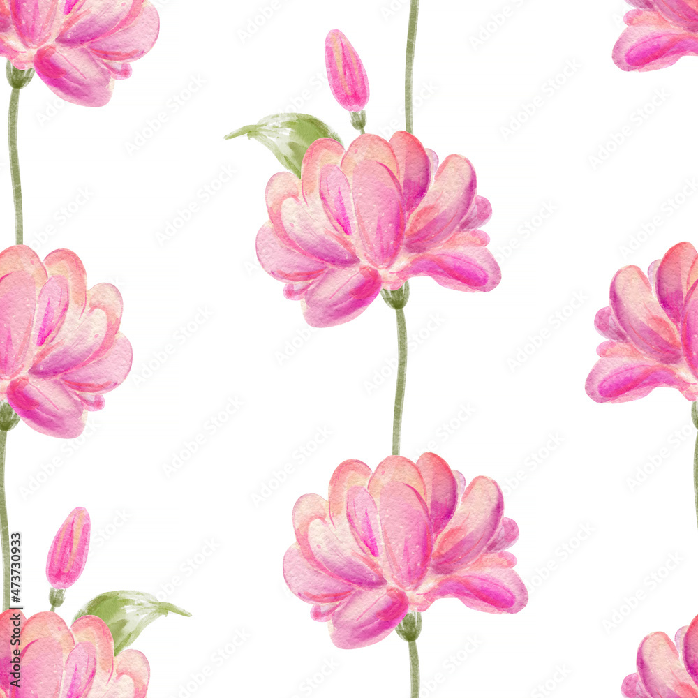 Pink lotus or magnolia flowers on White Background - seamless watercolor pattern. Romantic flowers.