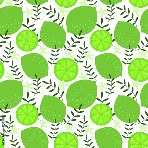 Pattern with limes, lime leaves and flowers. Green vector fruit background.