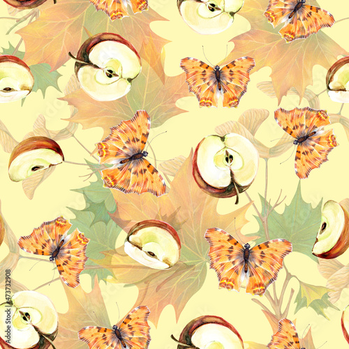 Watercolor of set slices apple, butterfly with maple leaves on yellow background. Autumn seamless pattern.