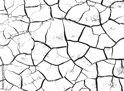 Texture of dry cracked earth. Structure of cracking soil. Black and white vector illustration.