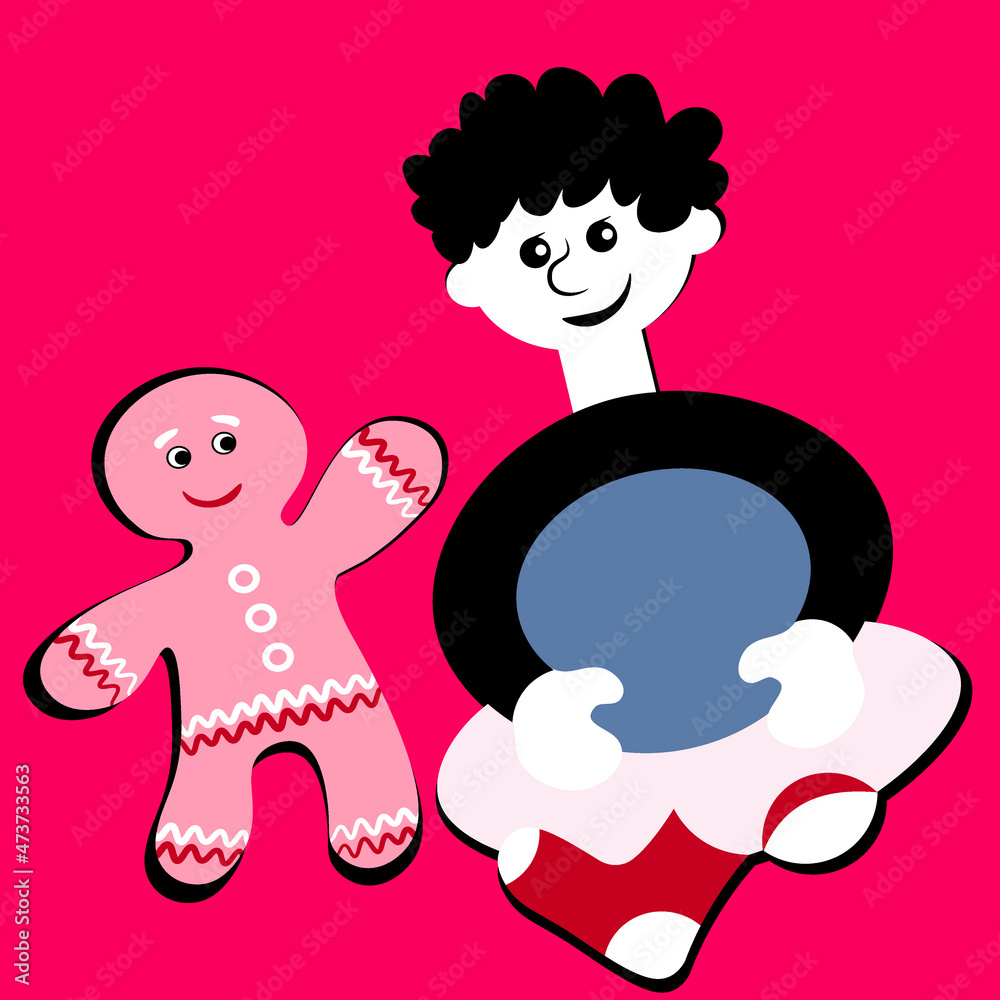 the boy sits cross-legged and smiles at the gingerbread man. Design element the boy sits cross-legged and smiles at the gingerbread man. Design element