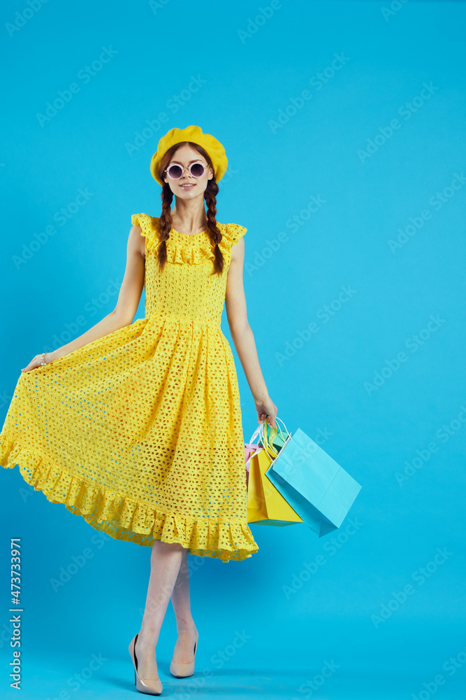 smiling woman wearing sunglasses posing shopping fashion isolated background smiling woman wearing sunglasses posing shopping fashion isolated background