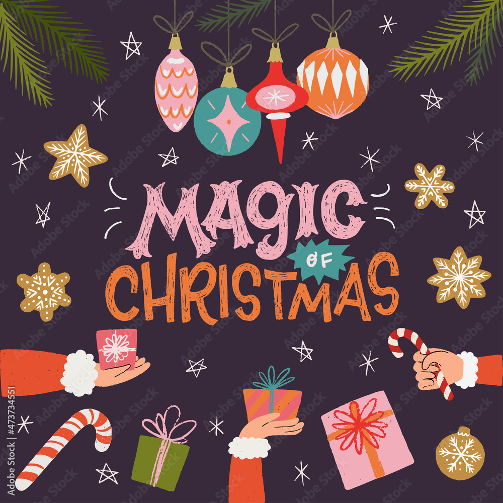 Φωτογραφία Hand lettering phrase Magic of Christmas with Santa's hands holding, giving and gifting presents, gingerbread cookies, balls
