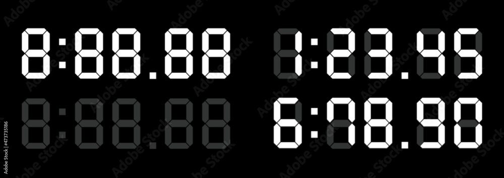 7セグメントのデジタル数字　電光掲示板、時計、タイマー、時間表示でよくみる数字 - obrazy, fototapety, plakaty 