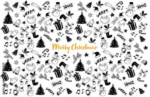 Seamless pattern natalizio con elementi festivi come regali, dolci, albero di Natale photo