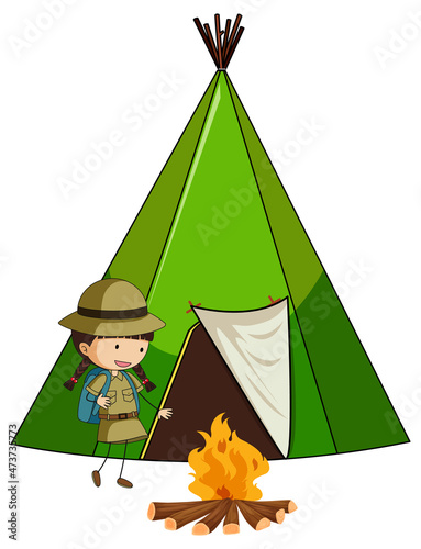 Camping tent with doodle kids cartoon character isolated