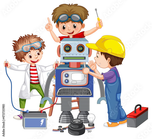 Children fixing a robot together