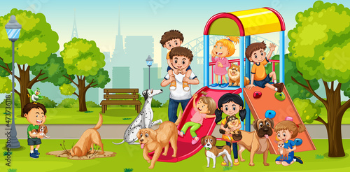 Playground scene with children playing with dogs