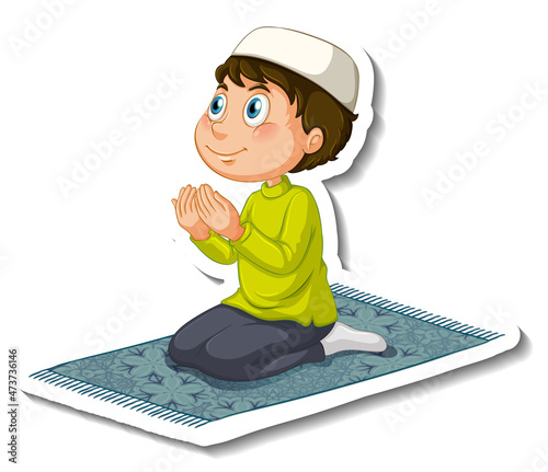 Sticker template with a muslim boy in praying position isolated