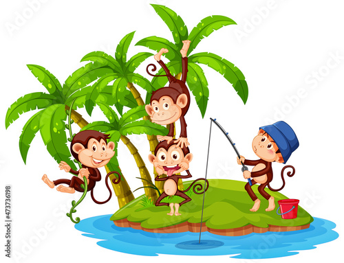 Isolated island with many monkeys cartoon