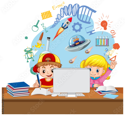 School kids studying in front of computer