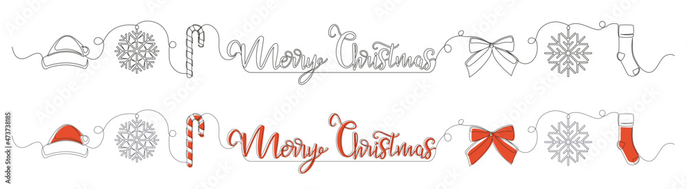 Continuous line of Christmas elements of santa hat, candy, sock, bow and snowflakes. Concept theme Merry Christmas and Happy New Year. Vector illustration Continuous line of Christmas elements of santa hat, candy, sock, bow and snowflakes. Concept theme Merry Christmas and Happy New Year. Vector illustration