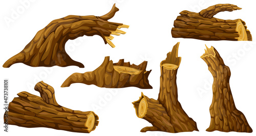 Stump, log. Cartoon piece of wood. Broken oak, linden, maple, cedar. Set isolated vector elements on white background. 