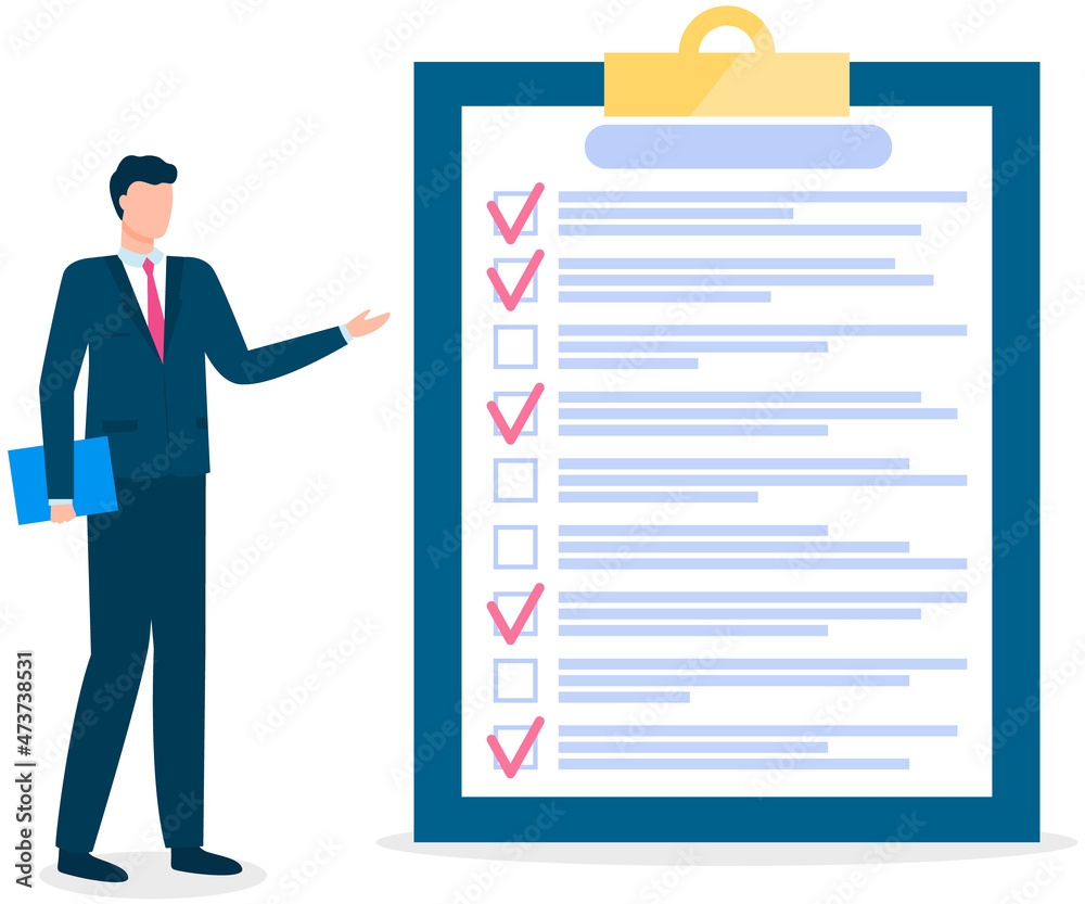 Month scheduling, to do list, time management. Businessman stands near checklist and planning. Plan fulfilled, task completed, timetable on paper sheet. Check list plan, schedule creation concept Month scheduling, to do list, time management. Businessman stands near checklist and planning. Plan fulfilled, task completed, timetable on paper sheet. Check list plan, schedule creation concept