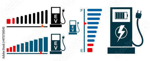 set of realistic charging indicator for electric car or charging station with electric car or fuel pump recharging station. eps vector