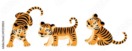 cute baby tiger jumping joyful, playing, standing smiles and sitting