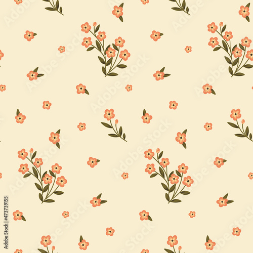 Cute floral print in pink colors. Simple free arrangement of small flowers, flower heads and leaves. Seamless pattern with cute little plants on a light background. Vector.