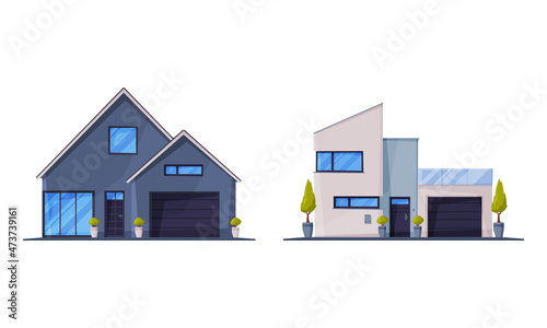 Detached House or Cottage Facade and Exterior as Suburban Residential Property Vector Set