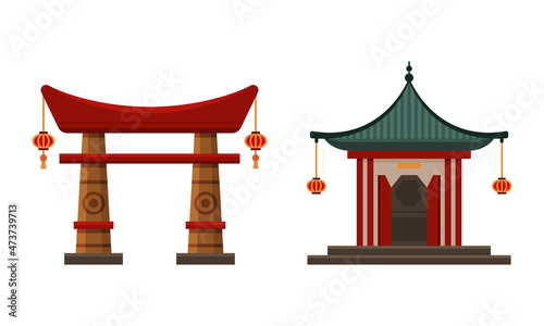 Pagoda and Sacred Gate as Asian Architecture Vector Set
