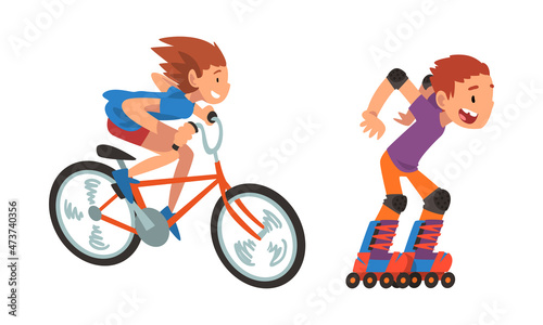 Boy and Girl Riding Bike and Roller Skates Vector Set