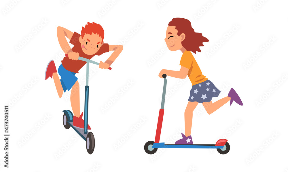 Cheerful Boy and Girl Riding Kick Scooter Vector Set Cheerful Boy and Girl Riding Kick Scooter Vector Set