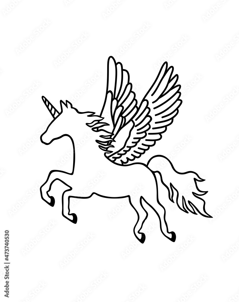 Black Vector Flying Unicorn Pegasus Horse Pony Silhouette With  Wings.Fairytale Stencil Outline Drawing Illustration.Plotter Laser Cutting.T  Shirt Print Design.Vinyl Wall Sticker Decal.Cricut.Cut.Diy Stock Vector |  Adobe Stock